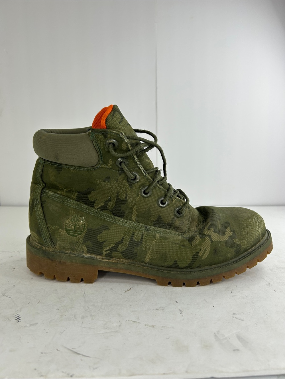 Timberland Men's Olive Green Camo Work Boot with Orange Accent